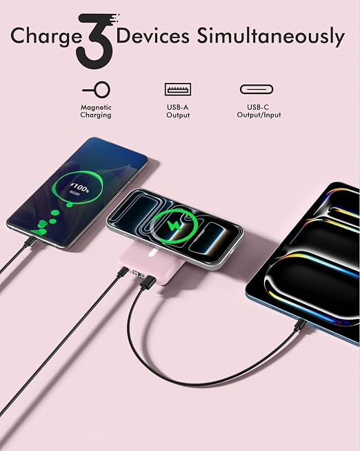 🔋 Charge Up to 3 Devices
 15W wireless, 20W USB-C, and 22.5W USB-A fast charging.